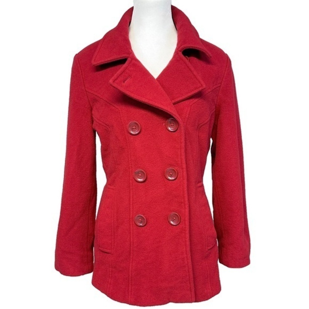 Anne Klein Deep Red Wool Double Breasted Pea Coat Jacket  Classic Medium